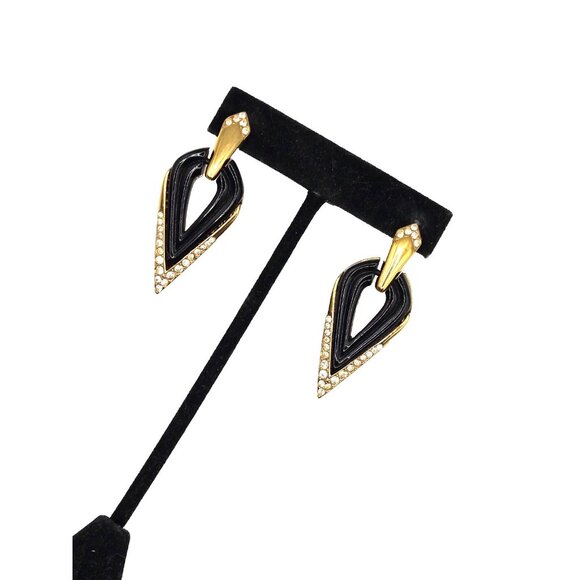 Vintage Oscar de la Renta signed ClipOn Earrings Black Enamel Gold-Tone Crystal - Picture 6 of 7